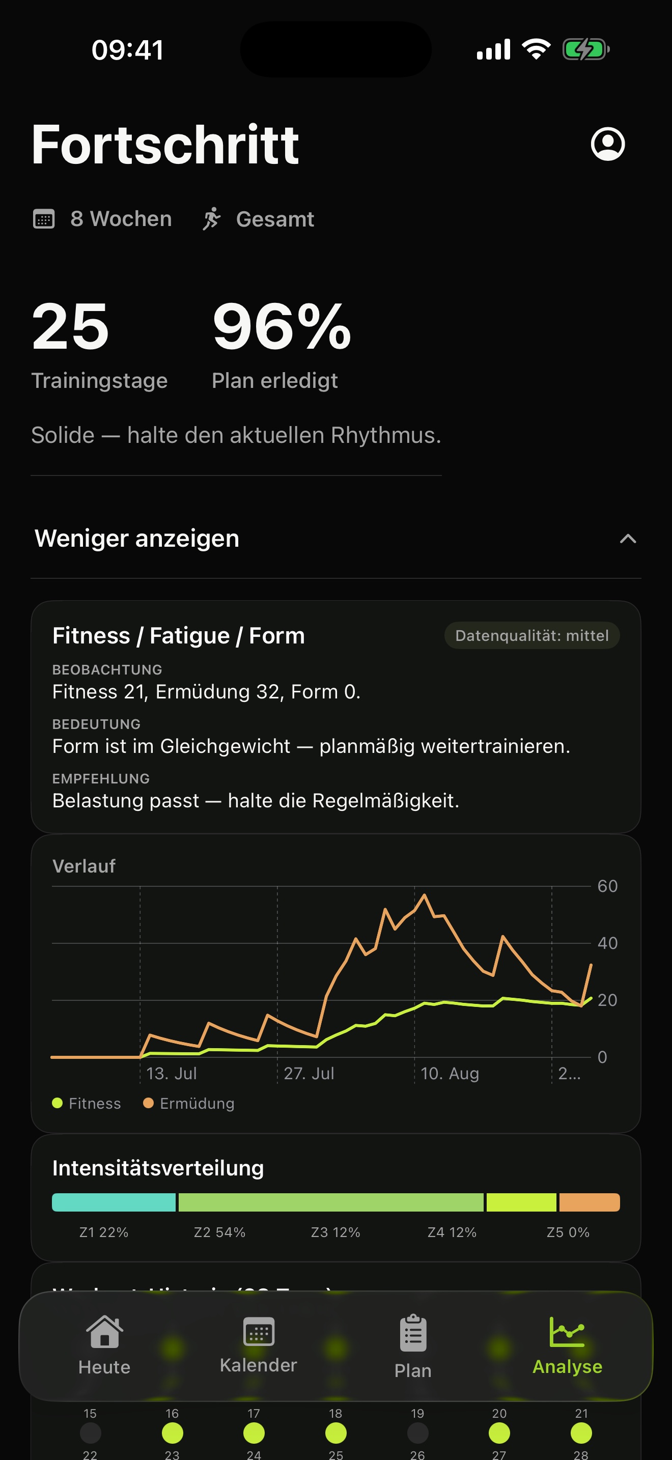 ARC Analyse-Ansicht mit Konstanz und Trainingstagen