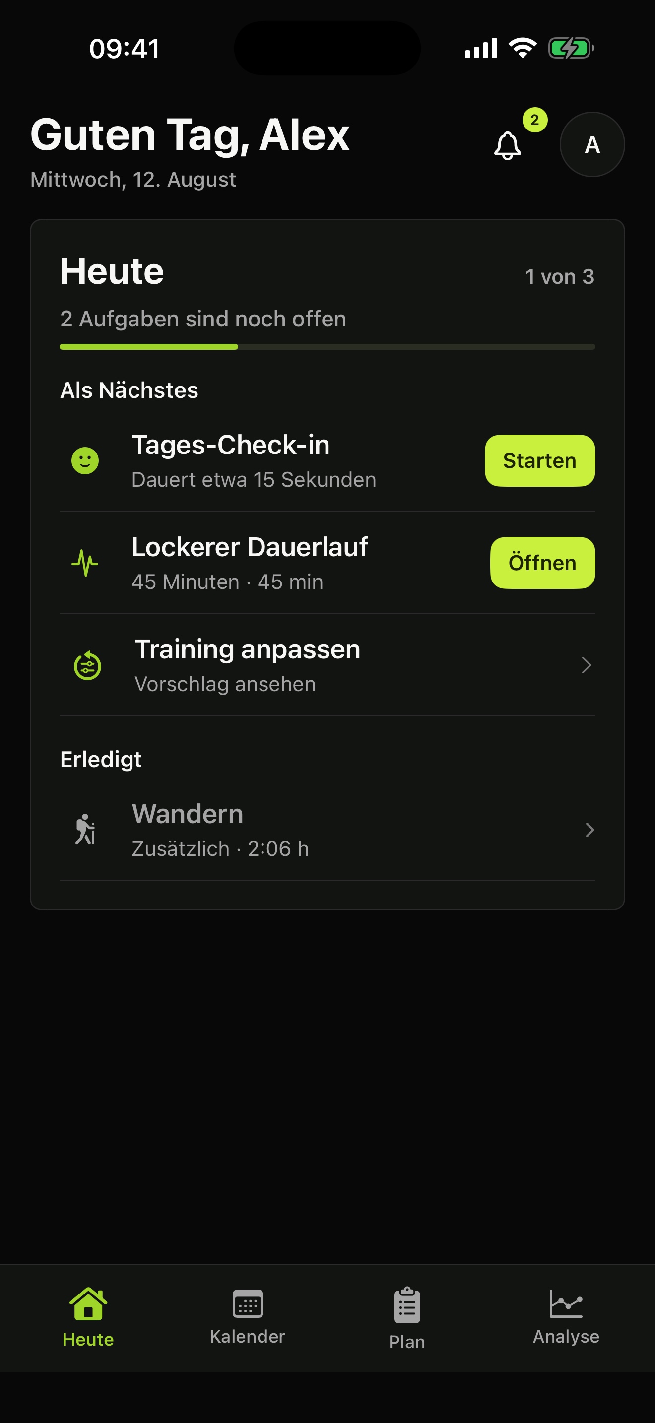 ARC Heute-Ansicht mit Check-in, Lauftraining und erledigter Einheit