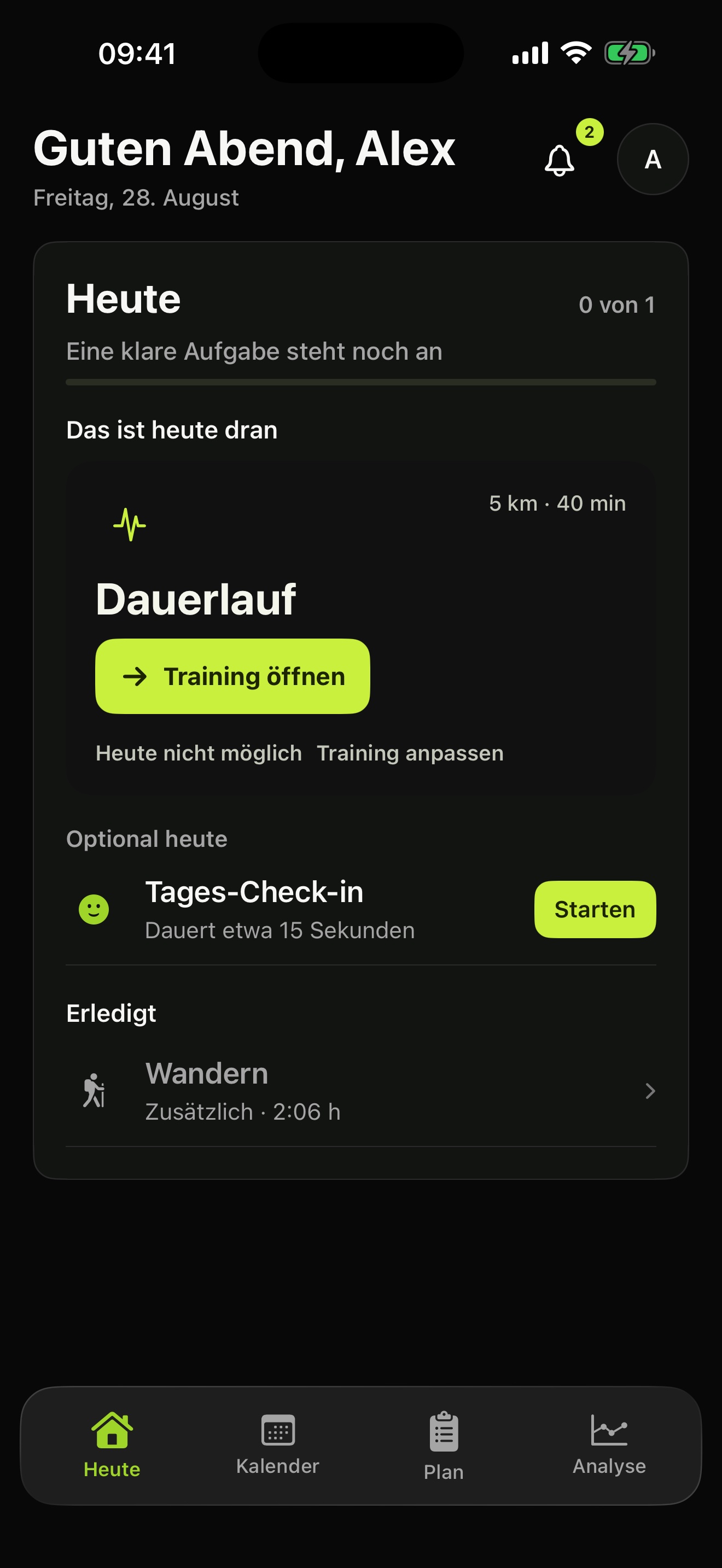 ARC Heute-Ansicht mit Check-in, Lauftraining und erledigter Einheit
