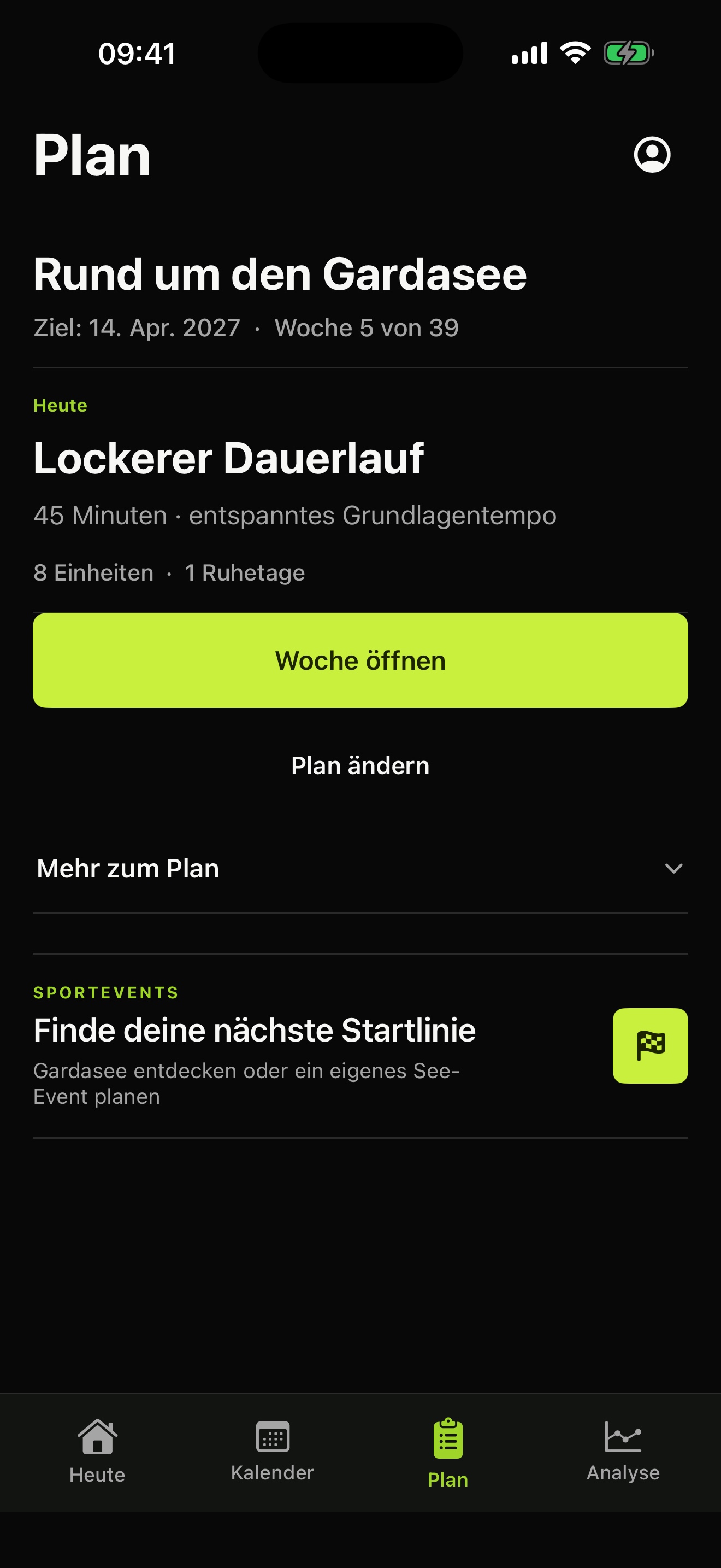 ARC Plan-Ansicht mit Trainingsziel und Wochenplan