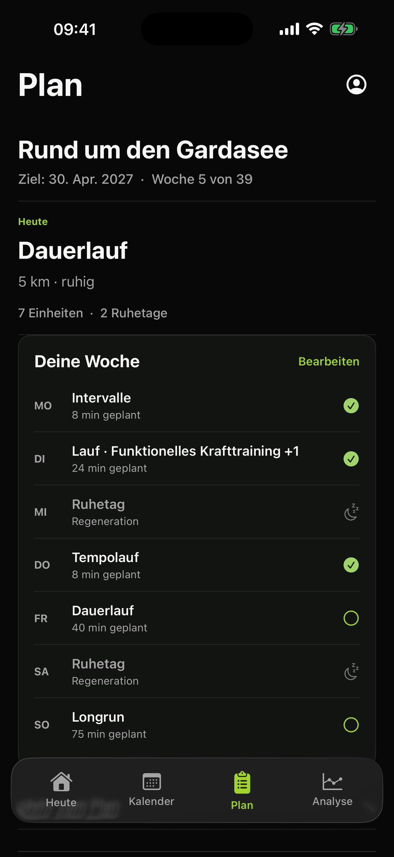 ARC Plan-Ansicht mit Trainingsziel und Wochenplan