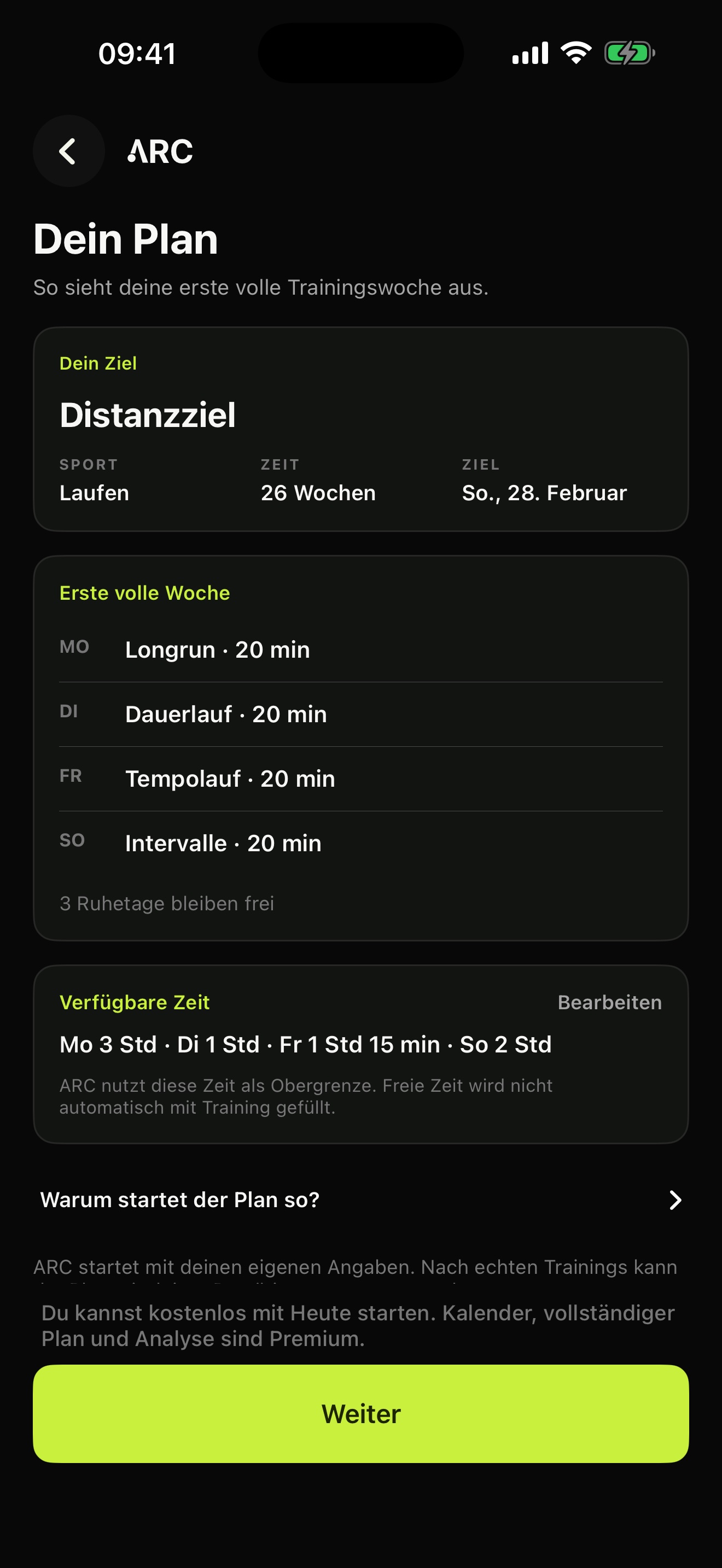 ARC Planvorschau vor der Aktivierung