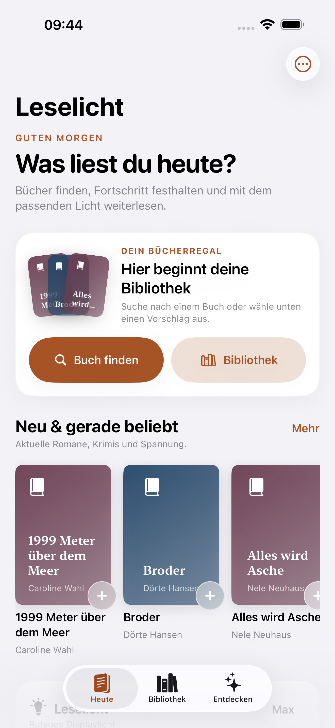 Leselicht auf dem iPhone mit Lichtsteuerung, aktivem Buch und Zugang zu Bibliothek und Entdecken.